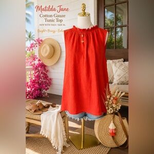 Matilda Jane Orange Red Cotton Gauze Tunic Top NWT Sleeveless Open Back Boho